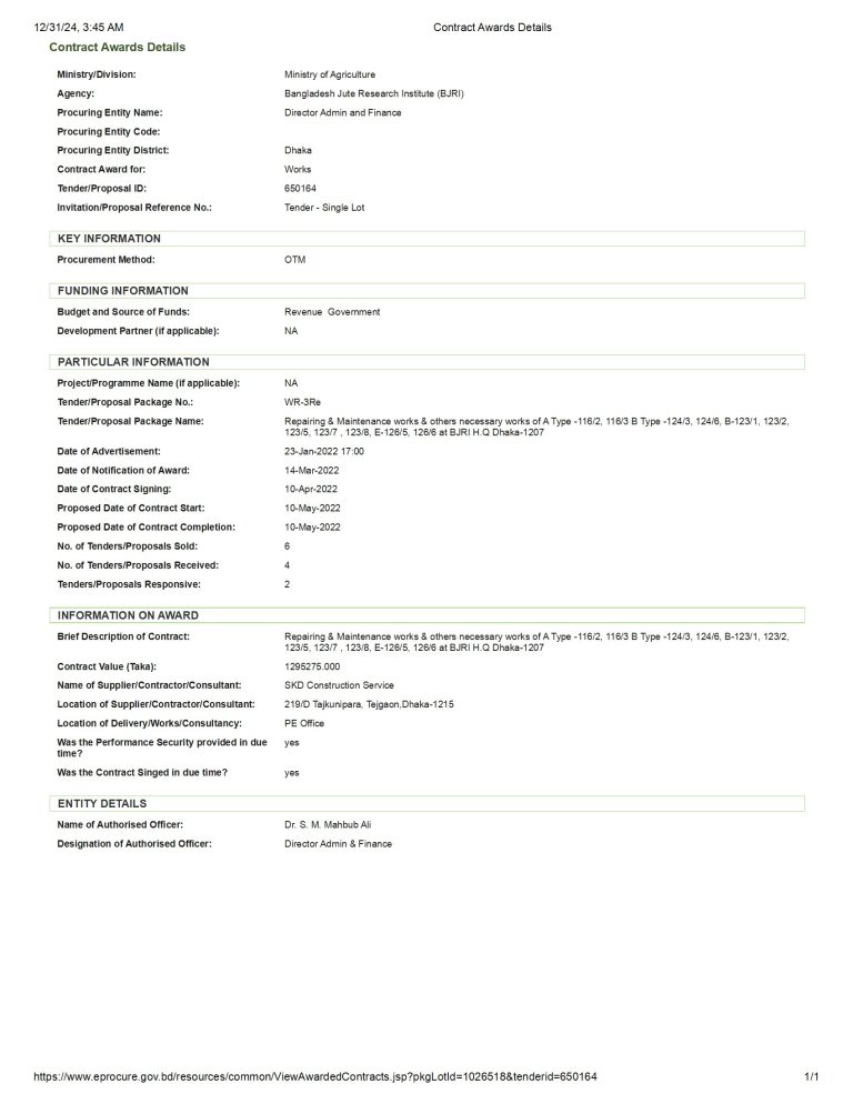 06 Repairing & Maintenance works & others necessary works of A Type -1162, 1163 B Type -1243, 1246, B-1231, 1232,1235, 1237 , 1238, E-1265, 1266 at BJRI H.Q Dhaka-1207 conv 1